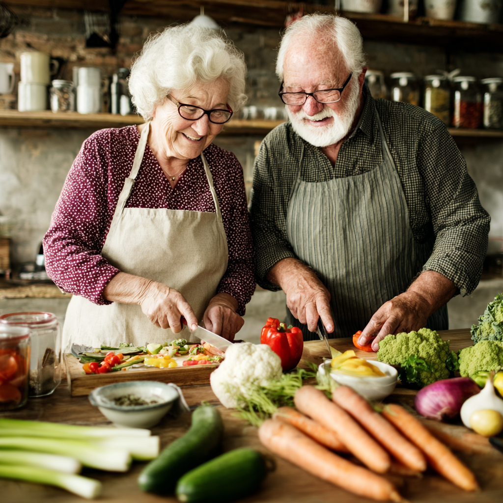 elderly couple cooking together with fresh vegetables and healthy ingredients