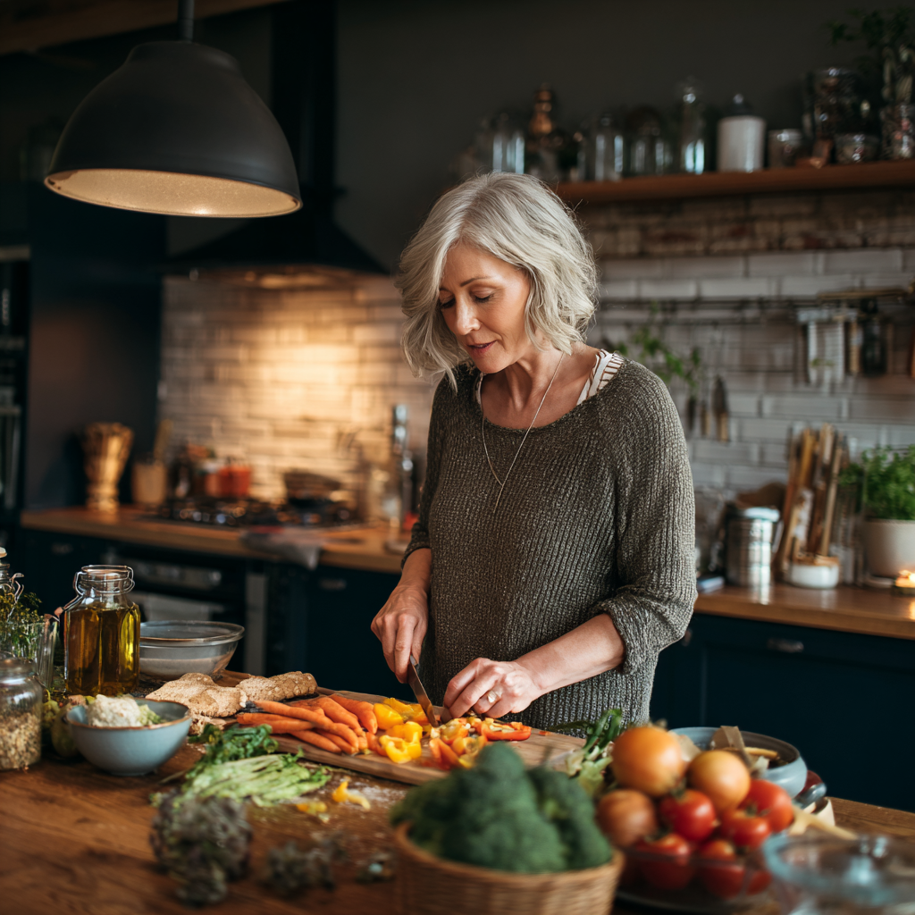 mature woman preparing healthy balanced meal in modern kitchen
